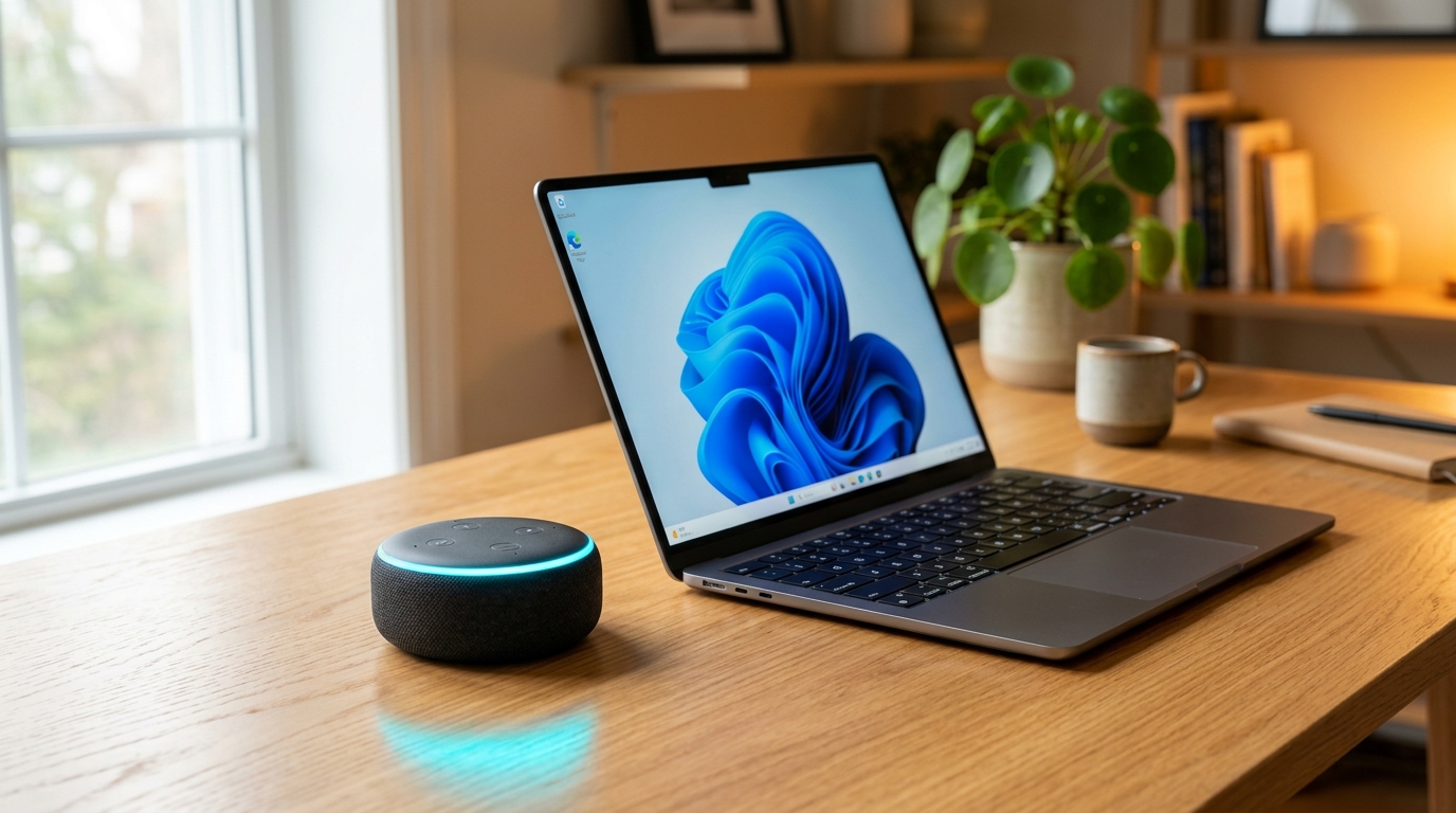 Dispositivo Amazon Echo Dot ao lado de um notebook com Windows 11